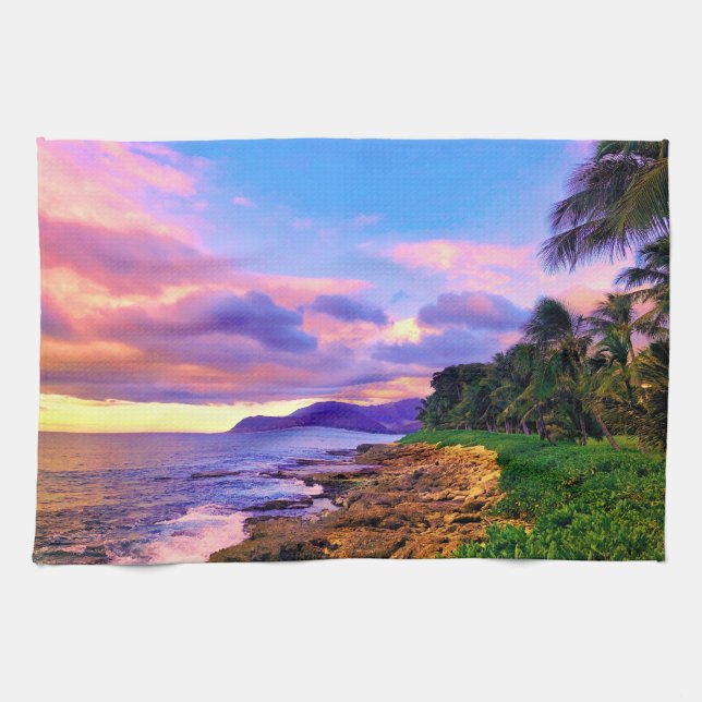 Tropical Hawaii Seashore Sunset Kitchen Towel (Horizontal)
