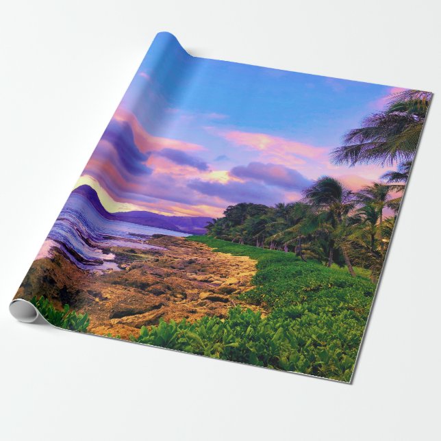 Tropical Hawaii Seashore Sunset Wrapping Paper (Unrolled)