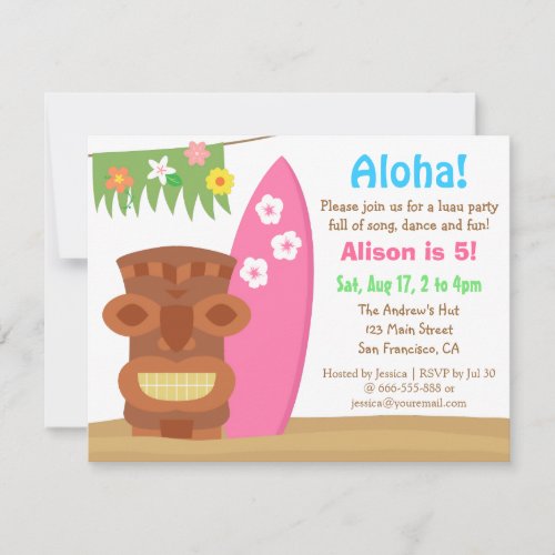 Tropical Hawaii Tiki Luau Beach Birthday Party Invitation