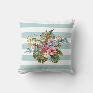 Tropical Hawaiian Aloha Floral & Aqua Stripe Throw Pillow