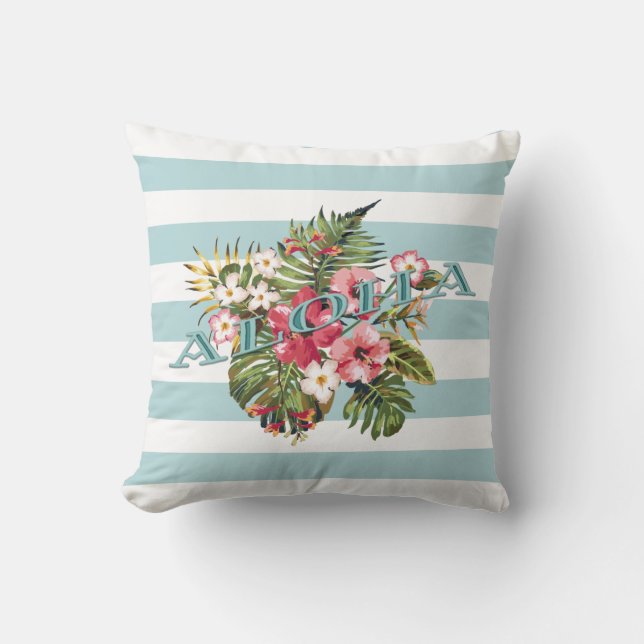 Tropical Hawaiian Aloha Floral & Aqua Stripe Throw Pillow (Front)