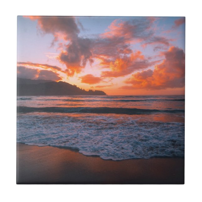 Tropical Hawaiian Beach Sunset Ceramic Tile (Front)