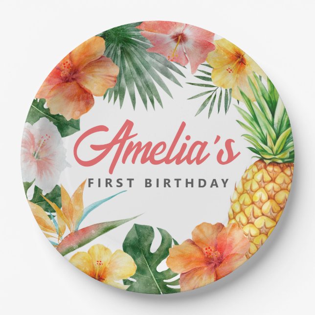Tropical Hawaiian Birthday Party Paper Plates (Front)