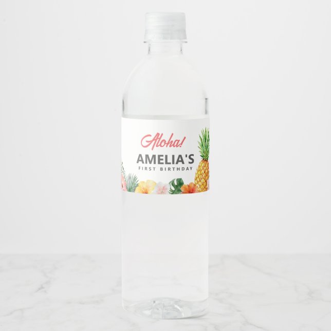 Tropical Hawaiian Birthday Water Bottle Label (Front)