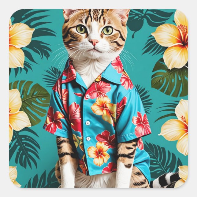 Tropical Hawaiian Cat Lover  – Fun & Cute Square Sticker (Front)