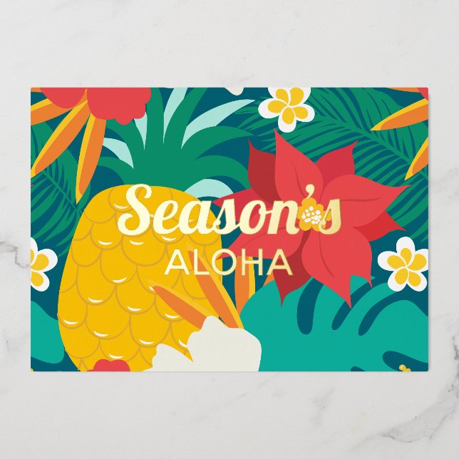 Tropical Hawaiian Christmas Season's Aloha Foil Holiday Card (Front)
