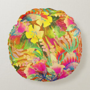 Tropical Hawaiian colorful floral leaf pattern Round Pillow