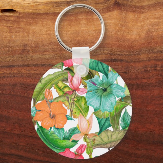 Tropical Hawaiian Colorful Hibiscus Floral Keychain (Front)