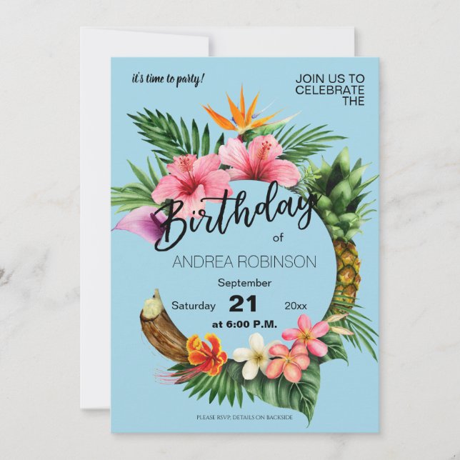 Tropical Hawaiian Floral Birthday Party Light Blue Invitation (Front)