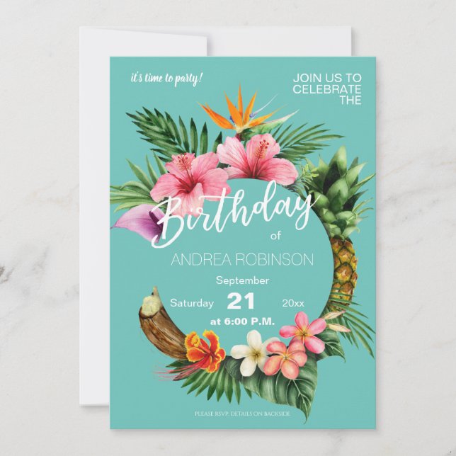 Tropical Hawaiian Floral Birthday Party Teal Blue Invitation (Front)