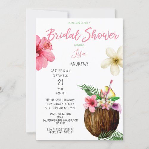 Tropical Hawaiian Floral  Coconut Bridal Shower Invitation