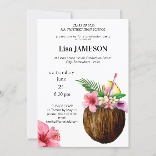 Tropical Hawaiian Floral  Coconut Gradauation Invitation