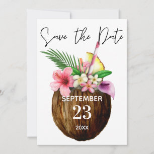 Tropical Hawaiian Floral & Coconut Kraft- Blue Save The Date