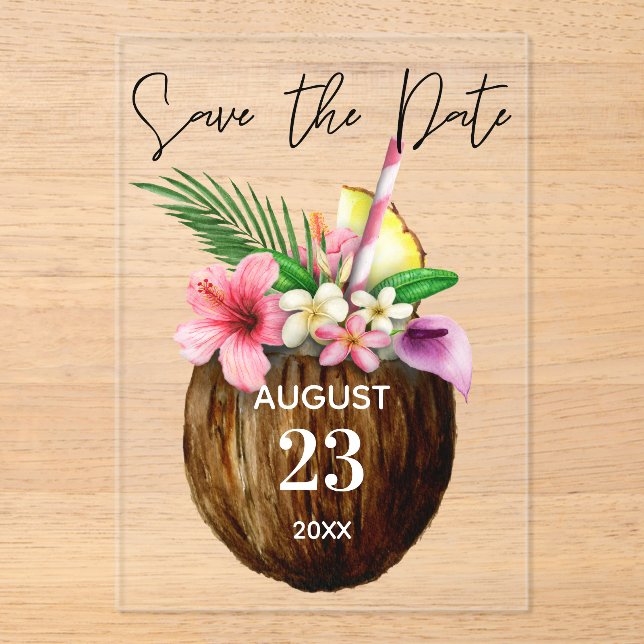 Tropical Hawaiian Floral & Coconut Save the Date (Front)