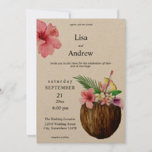 Tropical Hawaiian Floral & Coconut Wedding- Kraft Invitation