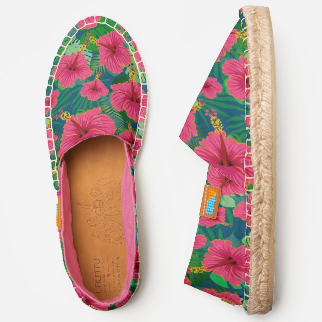 Tropical Hawaiian Floral Foliage Fun Pink Hibiscus Espadrilles (Side)