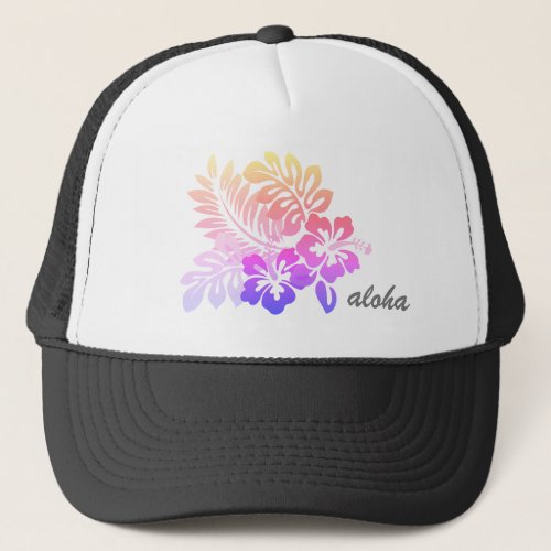 Tropical Hawaiian Floral Hibiscus Aloha Script Trucker Hat