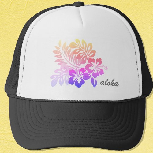 Tropical Hawaiian Floral Hibiscus Aloha Script Trucker Hat