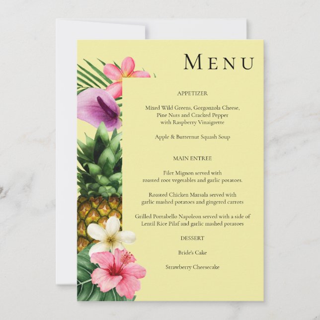 Tropical Hawaiian Floral Menu- Yellow Invitation (Front)