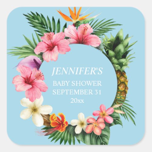 Tropical Hawaiian Floral Name _ Blue 2 Square Sticker