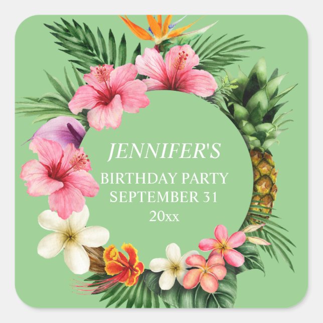 Tropical Hawaiian Floral Name - Green Square Sticker (Front)