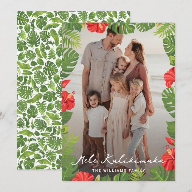 Tropical Hawaiian Floral Photo Mele Kalikimaka Holiday Card (Front/Back)