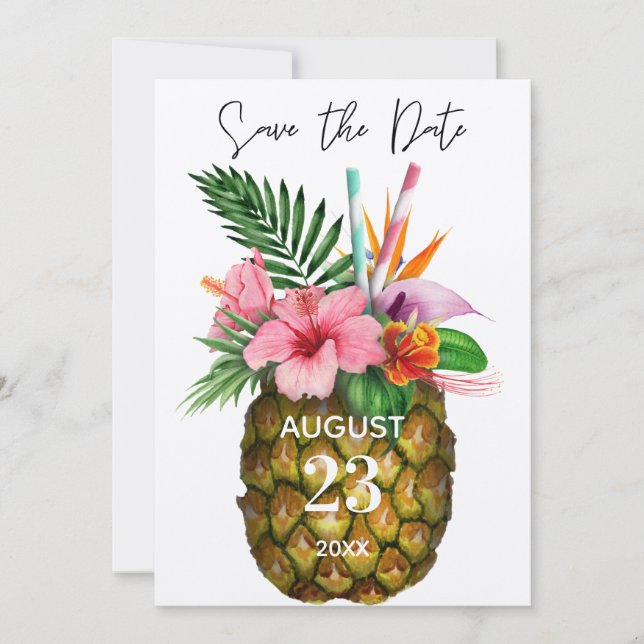 Tropical Hawaiian Floral & Pineapple Kraft Save The Date (Front)