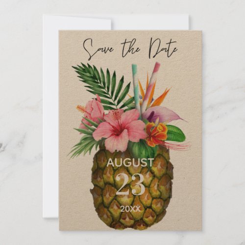Tropical Hawaiian Floral  Pineapple Kraft Save The Date