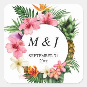 Tropical Hawaiian Floral & Pineapple Monogram Square Sticker