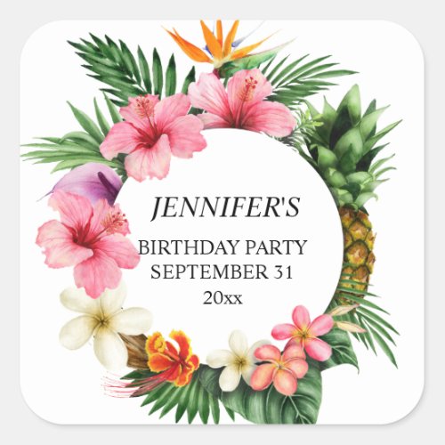 Tropical Hawaiian Floral  Pineapple Name Square Sticker
