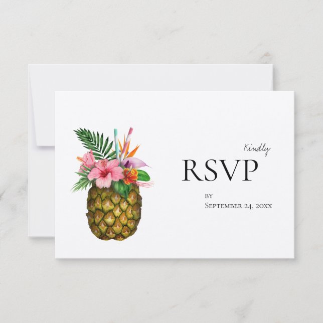 Tropical Hawaiian Floral Pineapple No Meal- Kraft RSVP Card (Front)