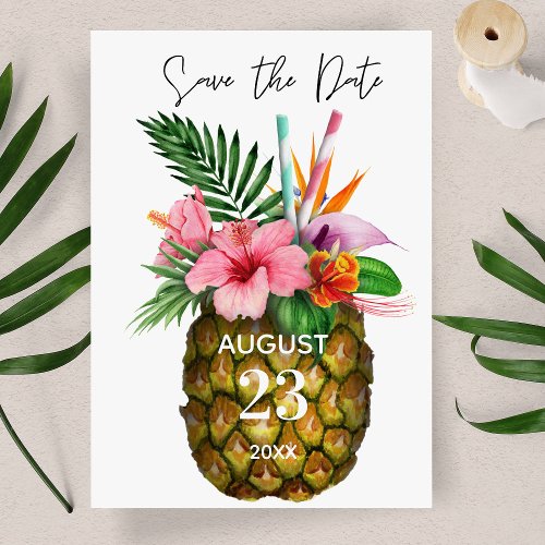 Tropical Hawaiian Floral  Pineapple Save the Date Postcard