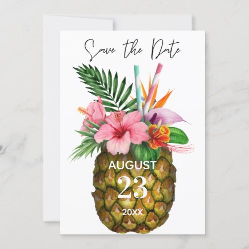 Tropical Hawaiian Floral  Pineapple Yellow Save The Date