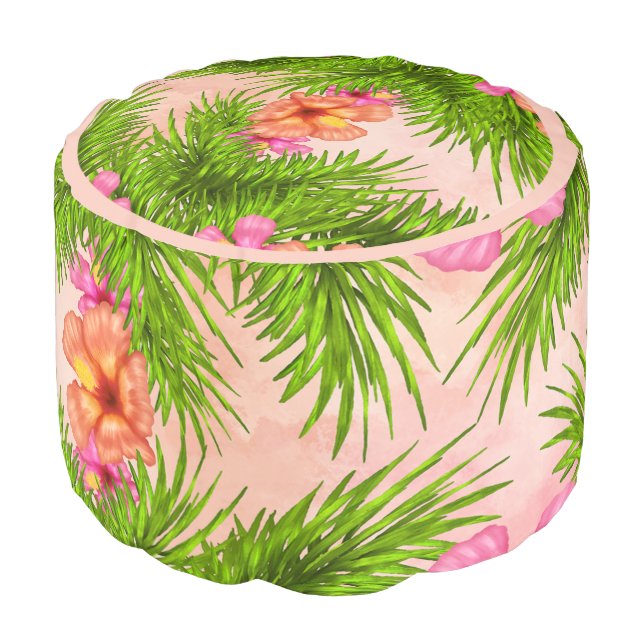 Tropical Hawaiian Floral Pink Green  Pouf (Angled Front)