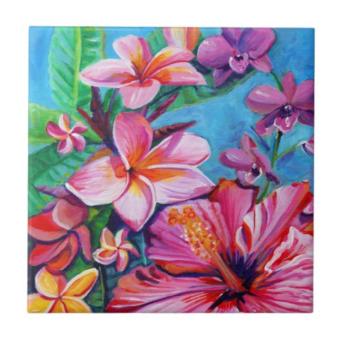 Tropical Hawaiian Flowers Ceramic Tile