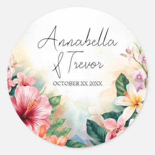 Tropical Hawaiian Flowers Custom Name Wedding Classic Round Sticker