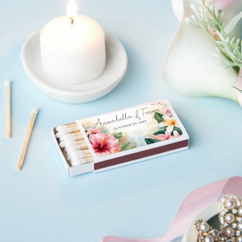 Tropical Hawaiian Flowers Custom Name Wedding Matchboxes