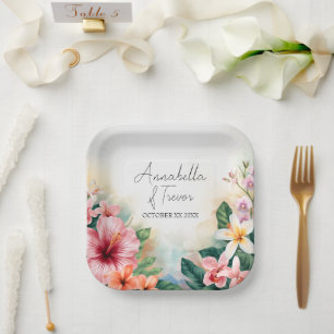Tropical Hawaiian Flowers Custom Name Wedding Paper Plates