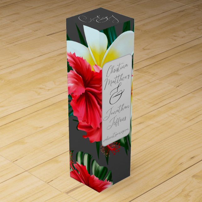 Tropical Hawaiian Flowers Elegant Wedding on Gray Wine Box (Front)