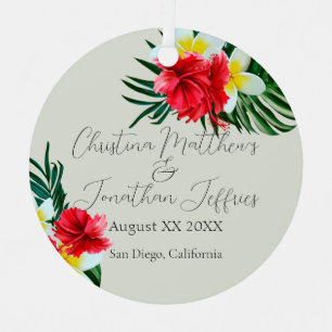 Tropical Hawaiian Flowers Elegant Wedding on Sage Metal Ornament