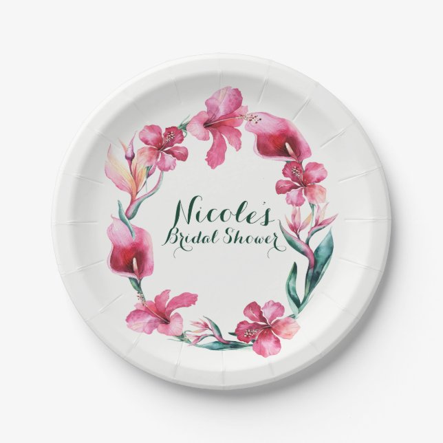 Tropical Hawaiian Flowers Elegant Wedding Party Paper Plates (Front)