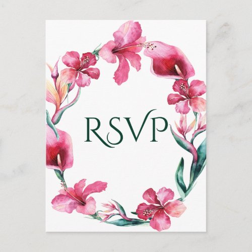 Tropical Hawaiian Flowers Elegant Wedding RSVP Invitation Postcard