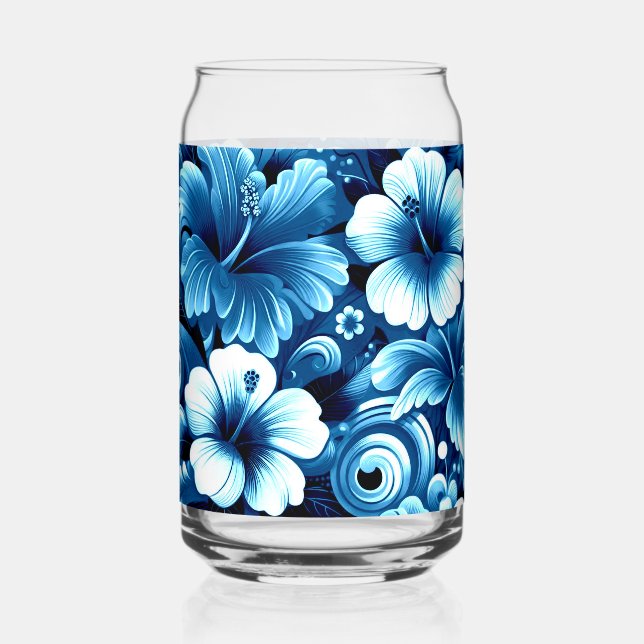Tropical Hawaiian Flowers Hibiscus Blue Pattern Can Glass (Front)