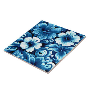 Tropical Hawaiian Flowers Hibiscus Blue Pattern Ceramic Tile