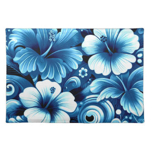 Tropical Hawaiian Flowers Hibiscus Blue Pattern Cloth Placemat