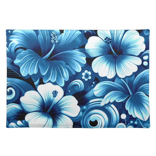 Tropical Hawaiian Flowers Hibiscus Blue Pattern Cloth Placemat (Front)
