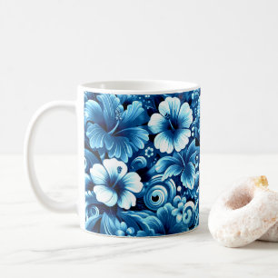 Tropical Hawaiian Flowers Hibiscus Blue Pattern Coffee Mug