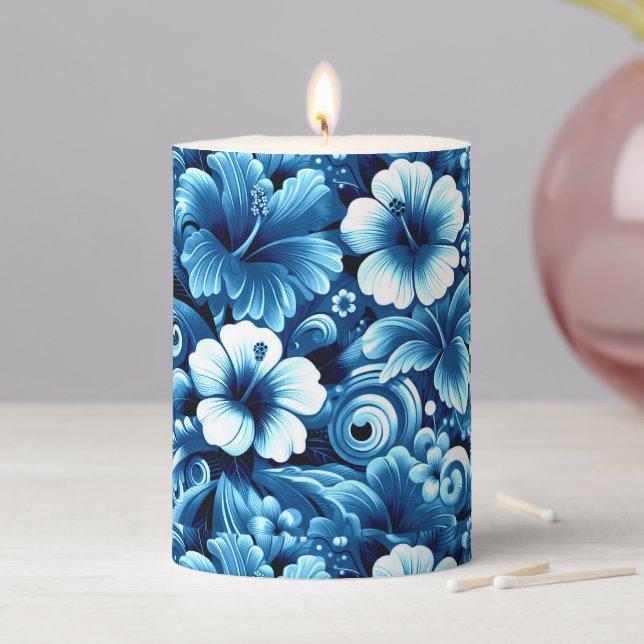 Tropical Hawaiian Flowers Hibiscus Blue Pattern Pillar Candle (In Situ)
