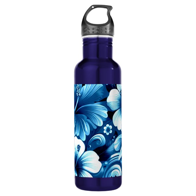Tropical Hawaiian Flowers Hibiscus Blue Pattern Stainless Steel Water Bottle (Front)