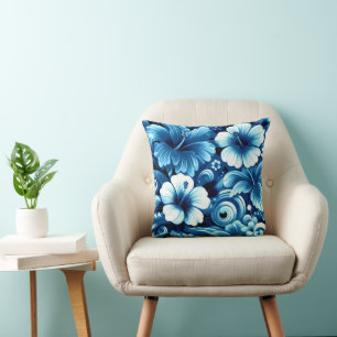 Tropical Hawaiian Flowers Hibiscus Blue Pattern Throw Pillow